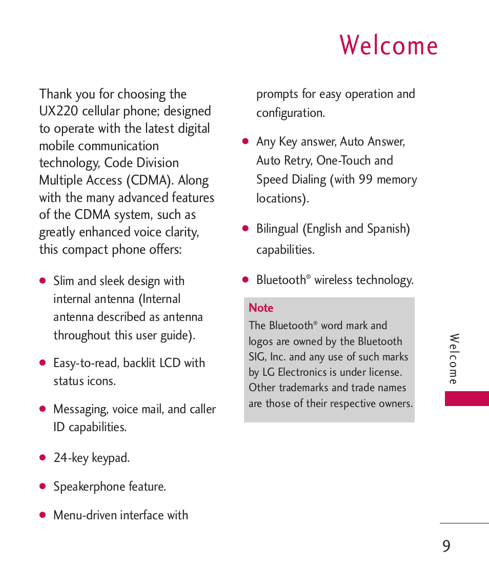 Welcome | LG -UX220 User Manual | Page 11 / 112