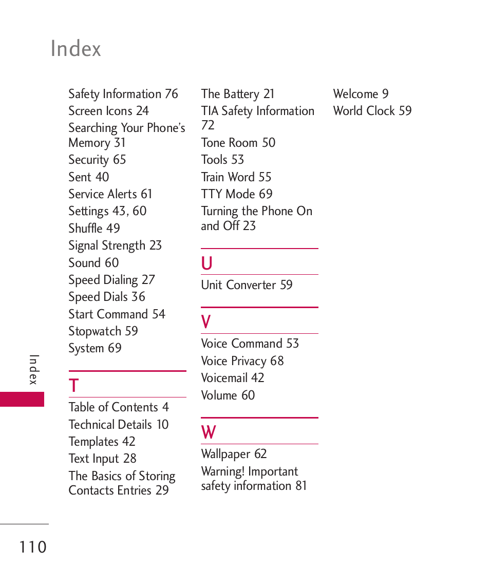 Index | LG -UX220 User Manual | Page 112 / 112