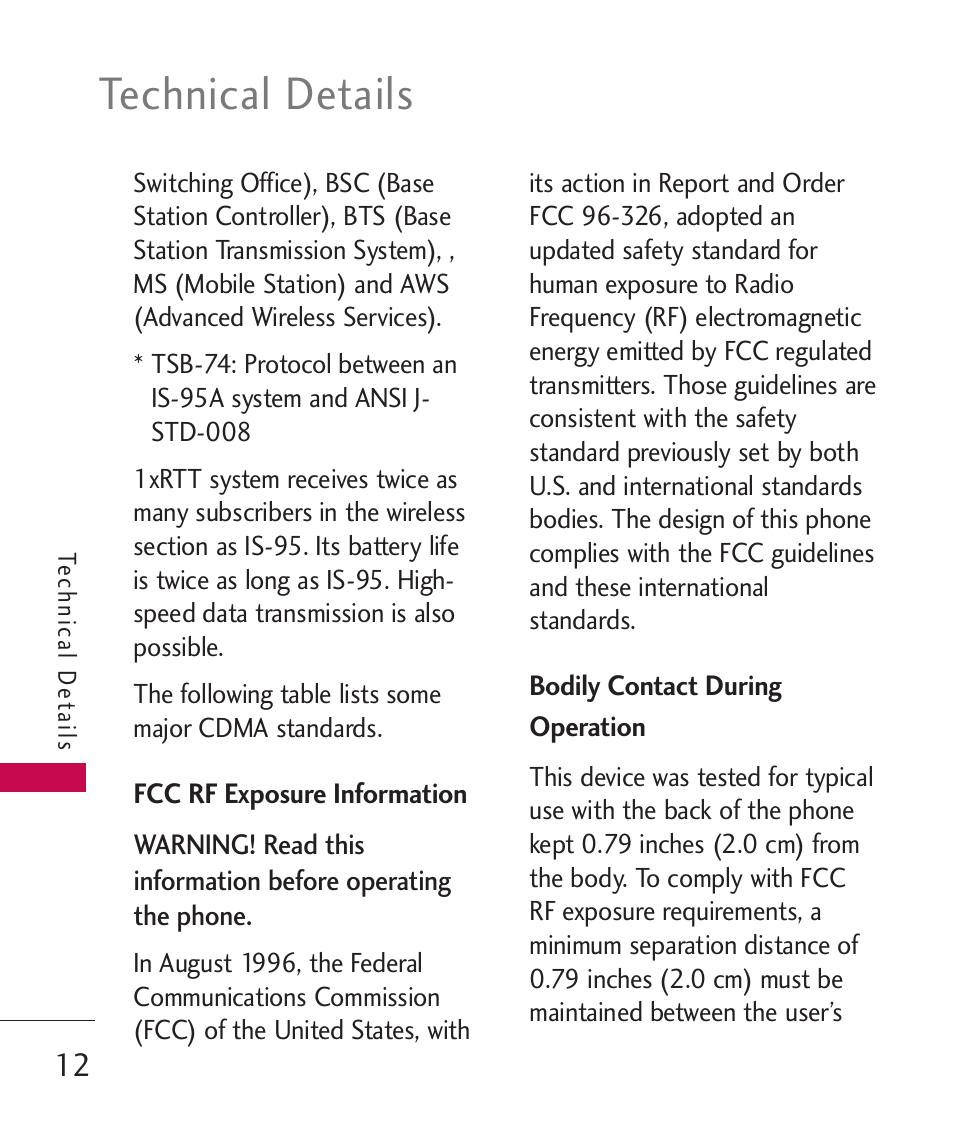 Fcc rf exposure information, Bodily contact during operation, Bodily contact during operation 12 | Technical details | LG -UX220 User Manual | Page 14 / 112
