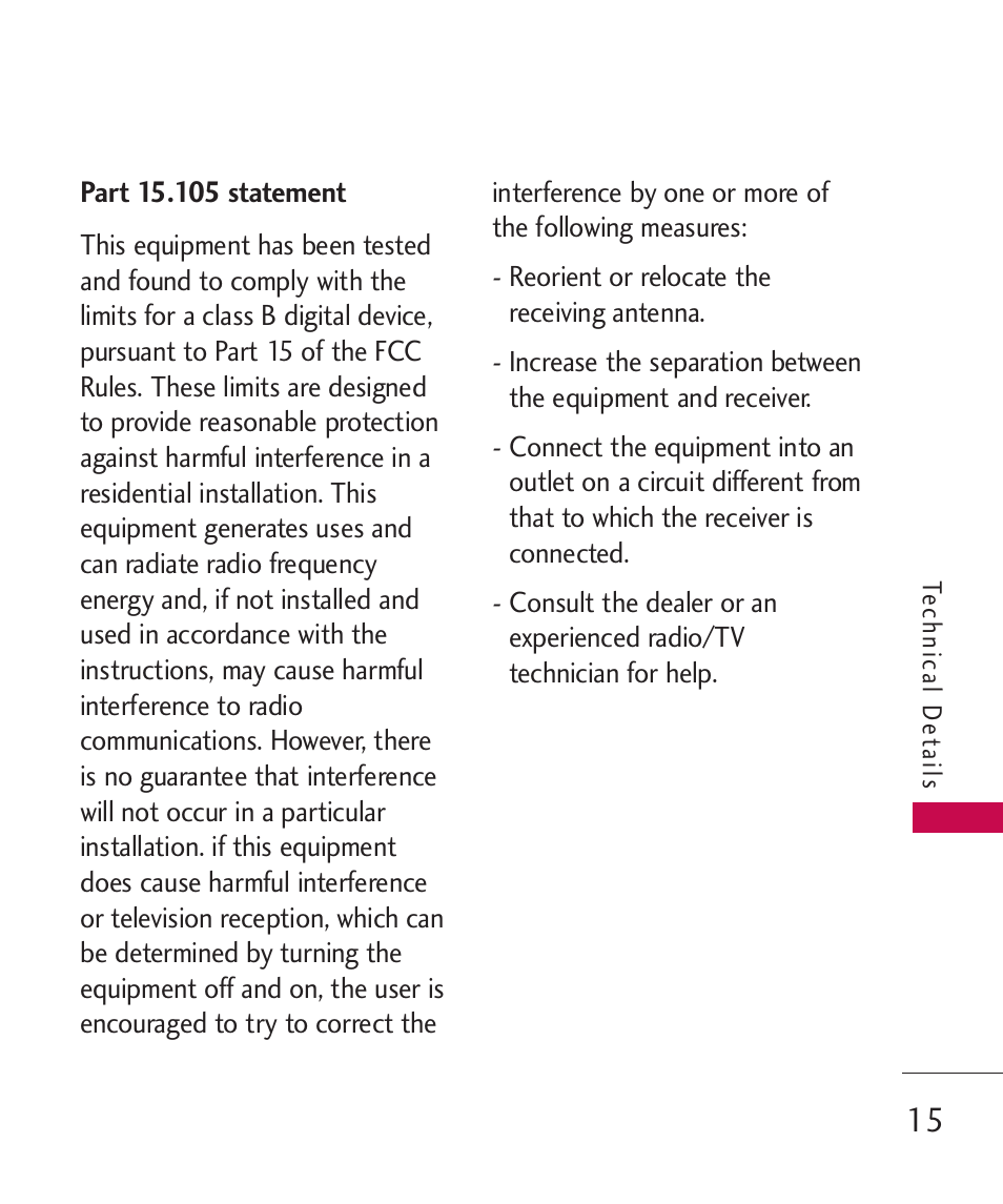 Part 15.105 statement | LG -UX220 User Manual | Page 17 / 112