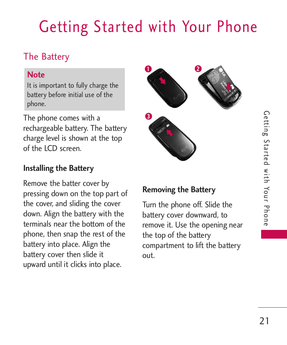 Getting started with your p, The battery, Installing the battery | Removing the battery, Getting started with your phone | LG -UX220 User Manual | Page 23 / 112