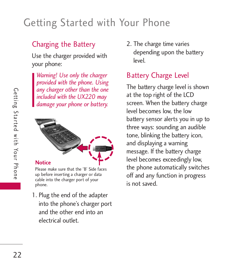 Charging the battery, Battery charge level, Getting started with your phone | LG -UX220 User Manual | Page 24 / 112