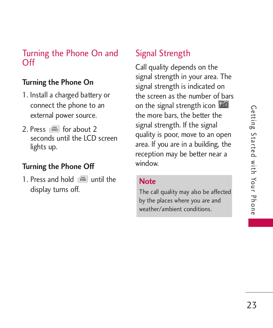 Turning the phone on and off, Turning the phone on, Turning the phone off | Signal strength, Turning the phone on and off 23 | LG -UX220 User Manual | Page 25 / 112