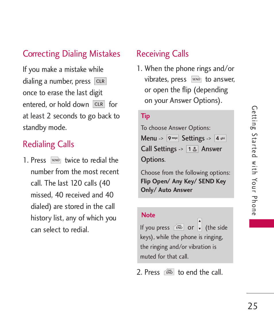 Correcting dialing mistakes, Receiving calls, Redialing calls | LG -UX220 User Manual | Page 27 / 112