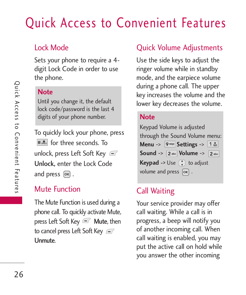 Quick access to convenient f, Lock mode, Mute function | Quick volume adjustments, Call waiting, Quick access to convenient features | LG -UX220 User Manual | Page 28 / 112