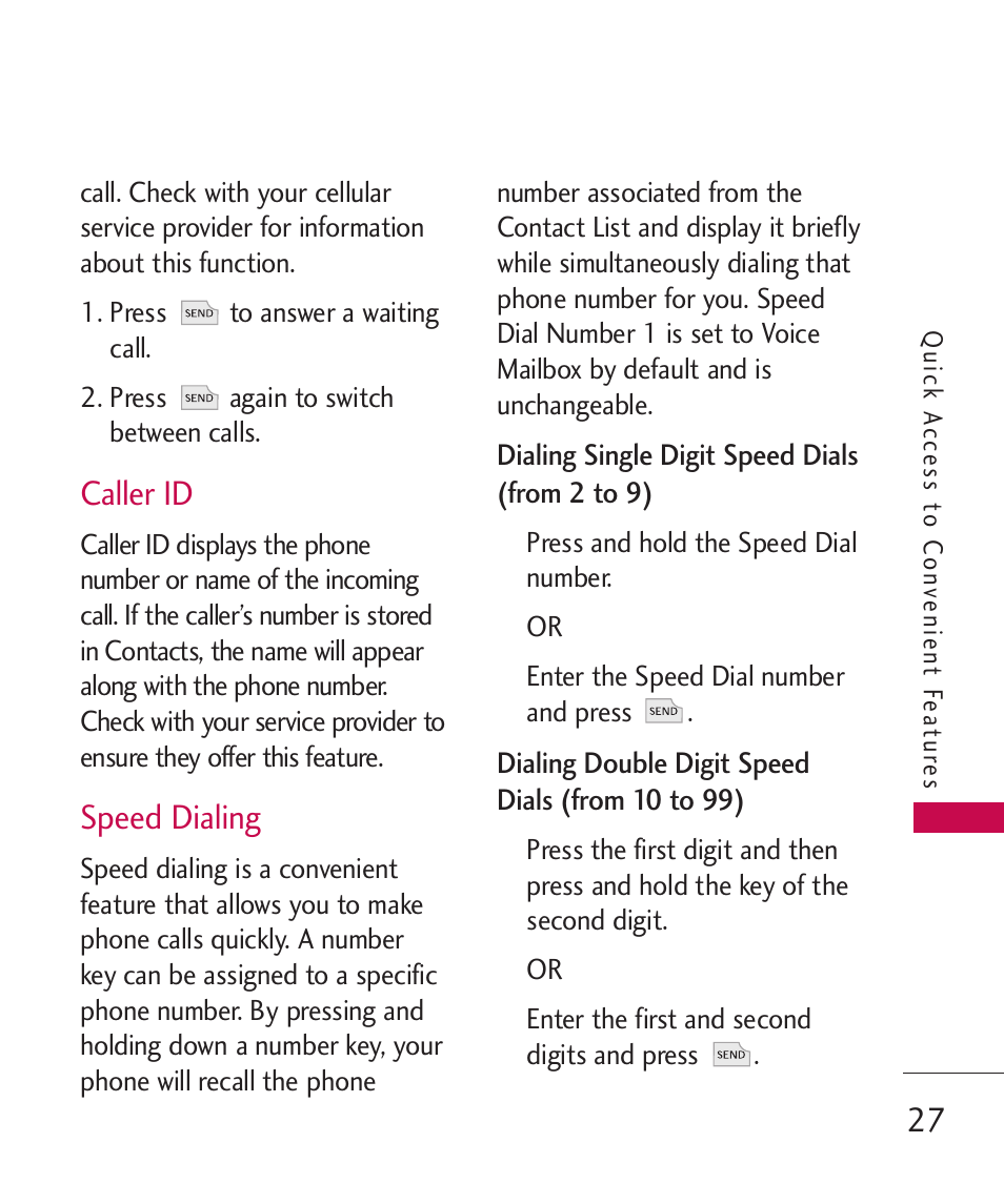 Caller id, Speed dialing | LG -UX220 User Manual | Page 29 / 112