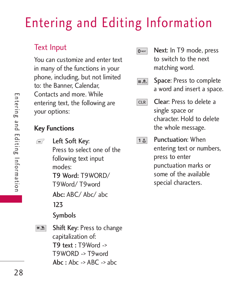 Entering and editing informa, Text input, Key functions | Entering and editing information | LG -UX220 User Manual | Page 30 / 112