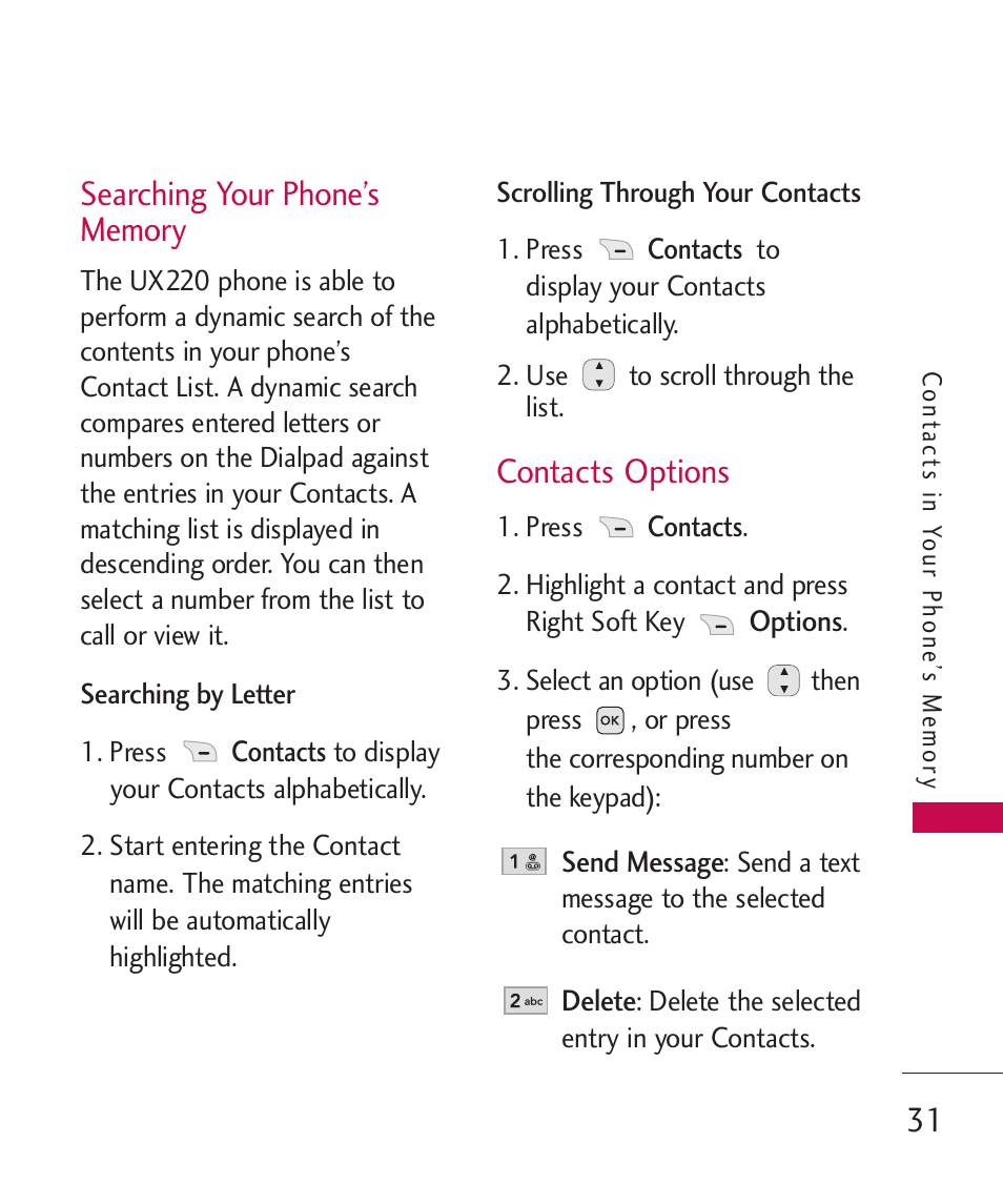 Searching your phone’s memory, Scrolling through your contacts, Contacts options | Searching your phone’s memory 31, Scrolling through your contacts 31 | LG -UX220 User Manual | Page 33 / 112