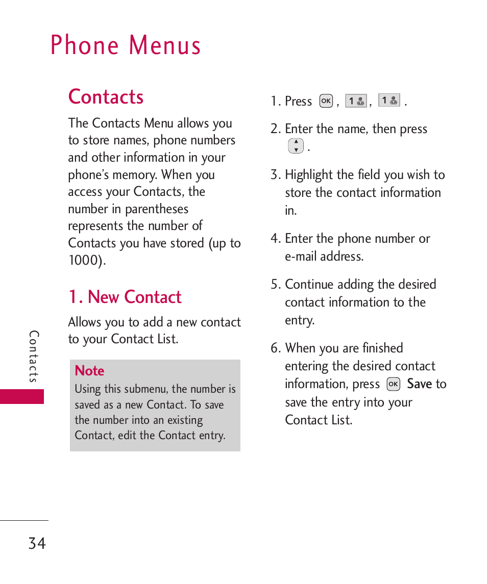 Phone menus, Contacts, New contact | LG -UX220 User Manual | Page 36 / 112