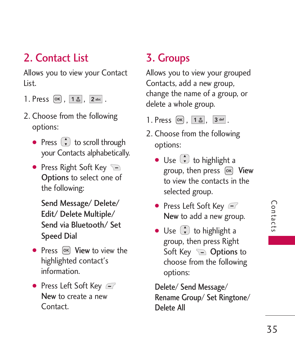 Contact list, Groups | LG -UX220 User Manual | Page 37 / 112