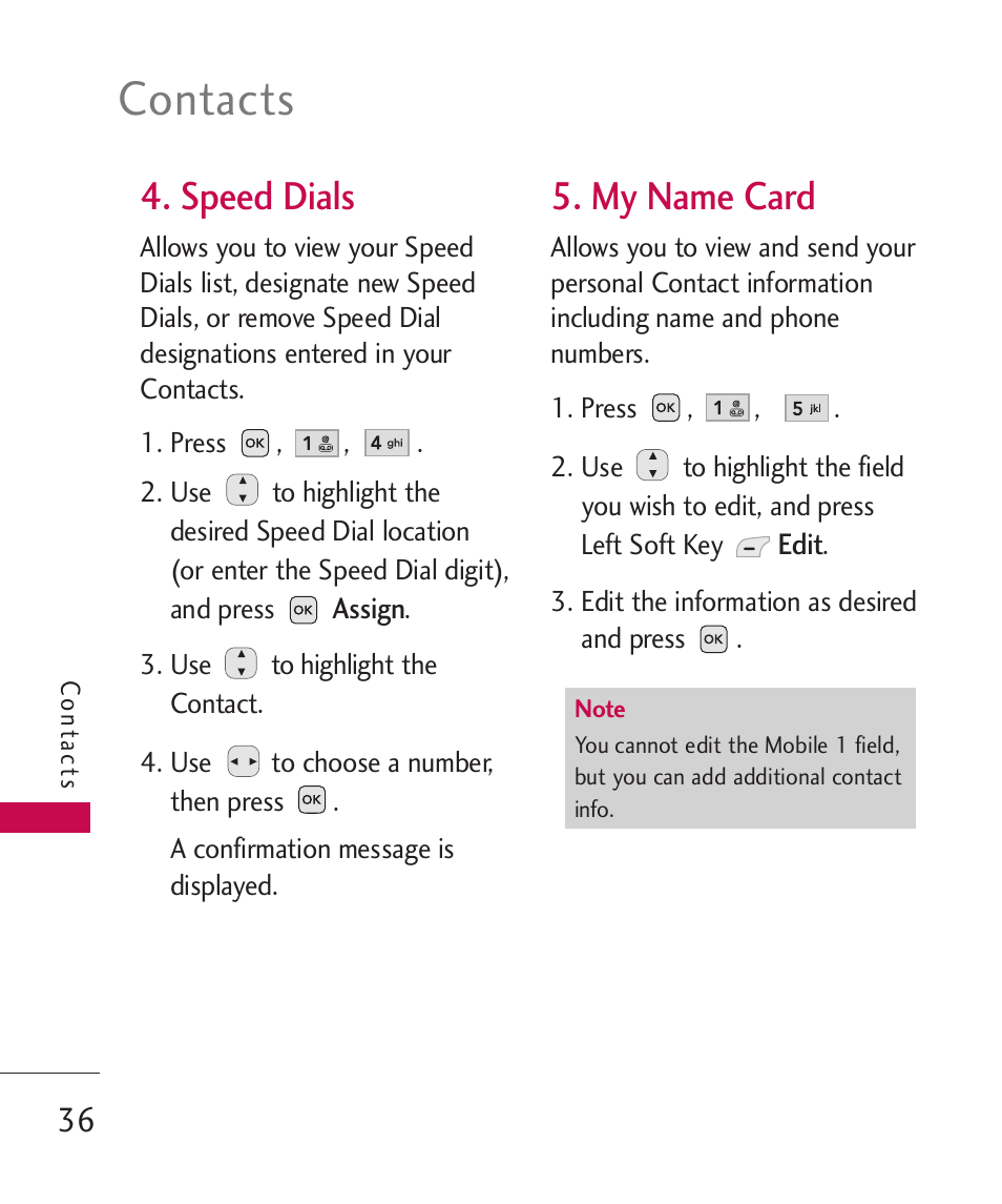 Speed dials, My name card, Contacts | LG -UX220 User Manual | Page 38 / 112