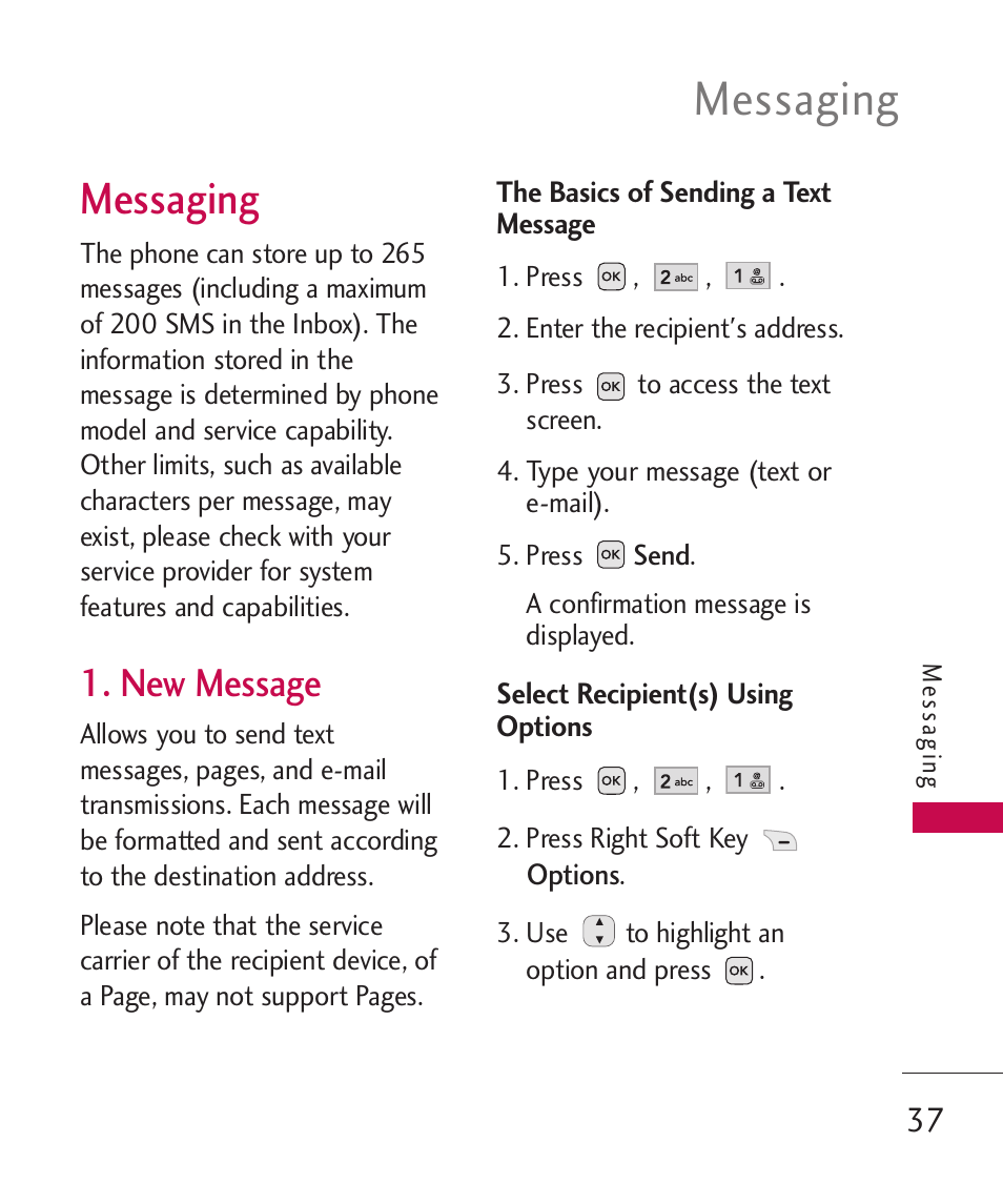 Messaging, New message | LG -UX220 User Manual | Page 39 / 112