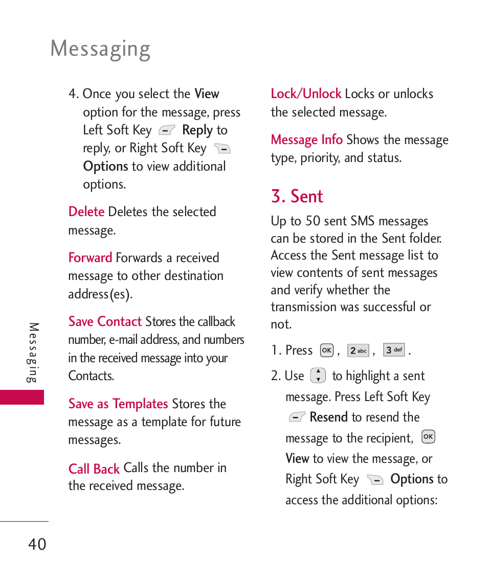 Sent, Messaging | LG -UX220 User Manual | Page 42 / 112