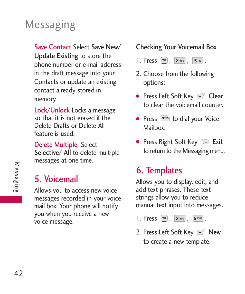 Voicemail, Templates, Messaging | LG -UX220 User Manual | Page 44 / 112