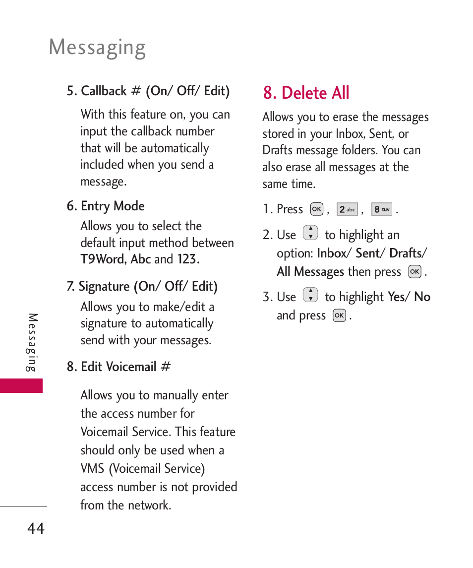 Delete all, Messaging | LG -UX220 User Manual | Page 46 / 112