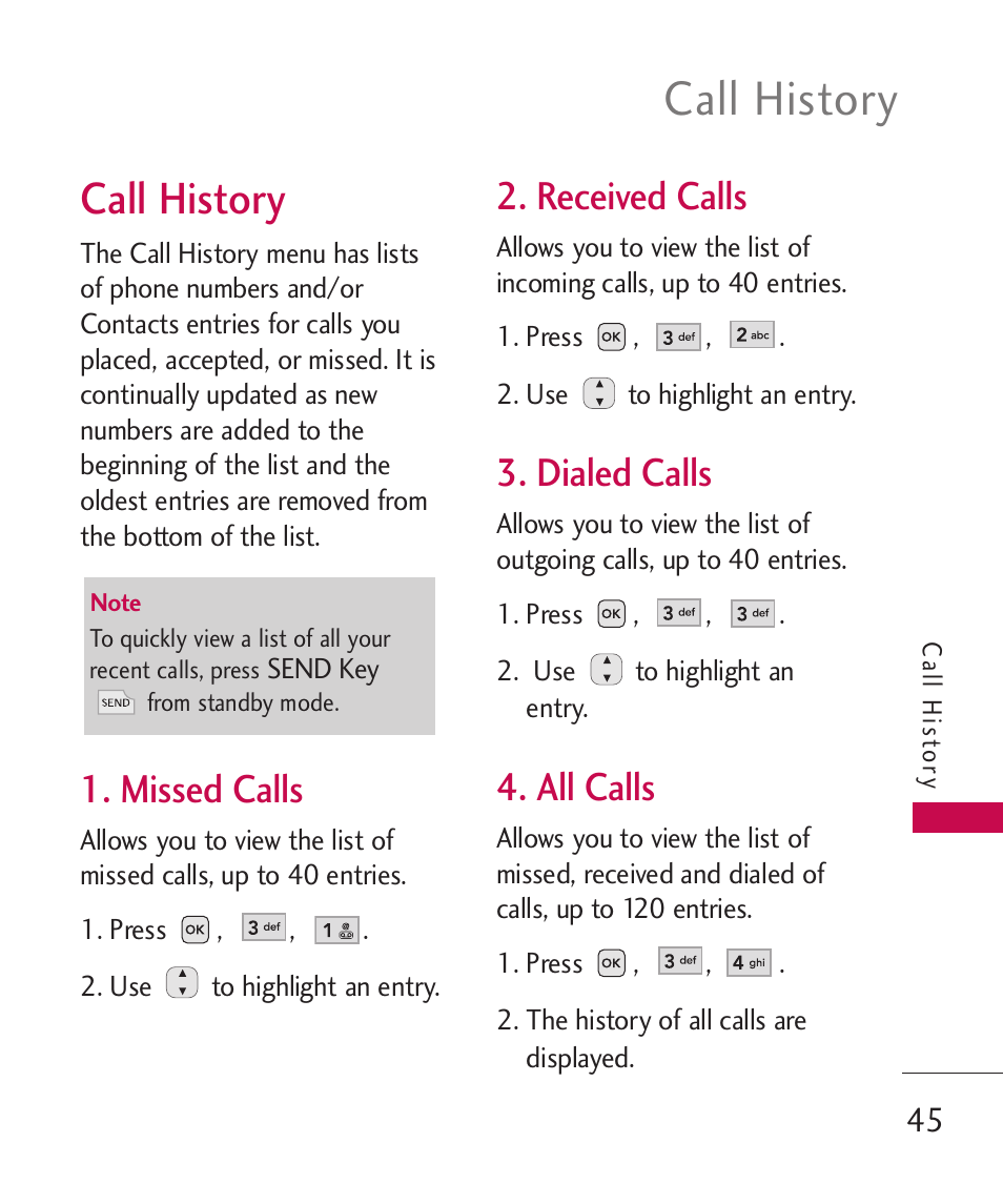 Call history, Missed calls, Received calls | Dialed calls, All calls | LG -UX220 User Manual | Page 47 / 112