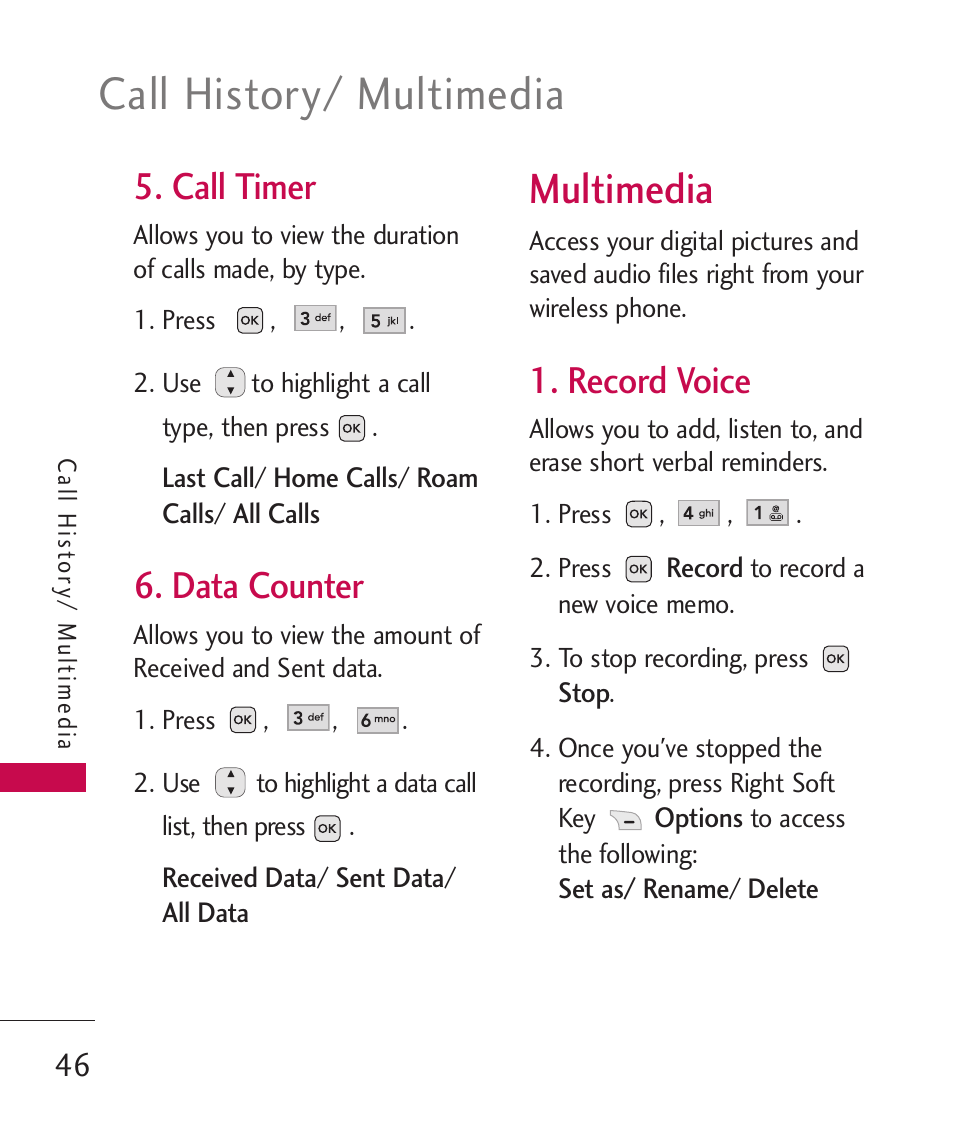 Call timer, Data counter, Multimedia | Record voice, Call history/ multimedia | LG -UX220 User Manual | Page 48 / 112