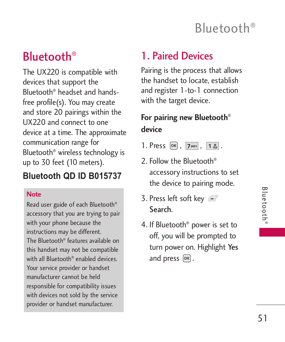 Bluetooth, Paired devices, For pairing new bluetooth | Device | LG -UX220 User Manual | Page 53 / 112