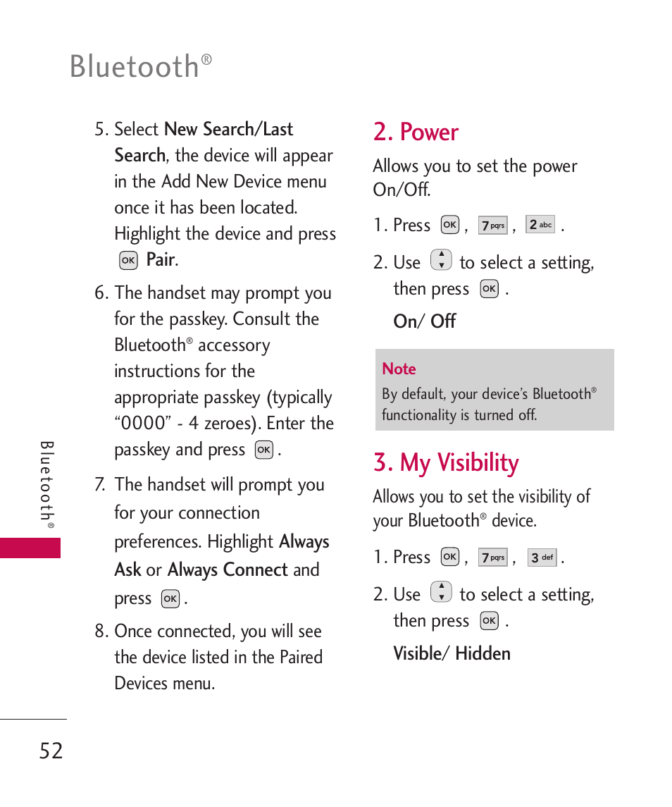 Power, My visibility, Bluetooth | LG -UX220 User Manual | Page 54 / 112