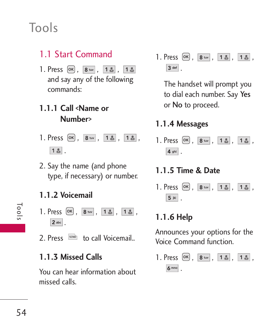 1 start command, 1 call <name> or <number, 2 voicemail | 3 missed calls, 4 messages, 5 time & date, 6 help, 1 call <name> or <number> 54, Tools | LG -UX220 User Manual | Page 56 / 112