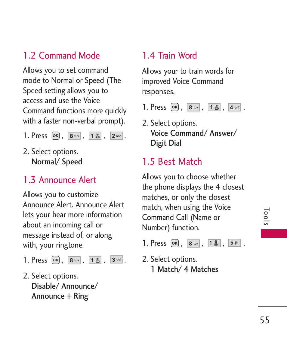 2 command mode, 3 announce alert, 4 train word | 5 best match | LG -UX220 User Manual | Page 57 / 112