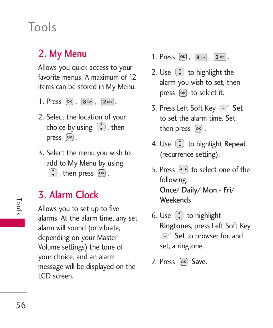 My menu, Alarm clock, Tools | LG -UX220 User Manual | Page 58 / 112