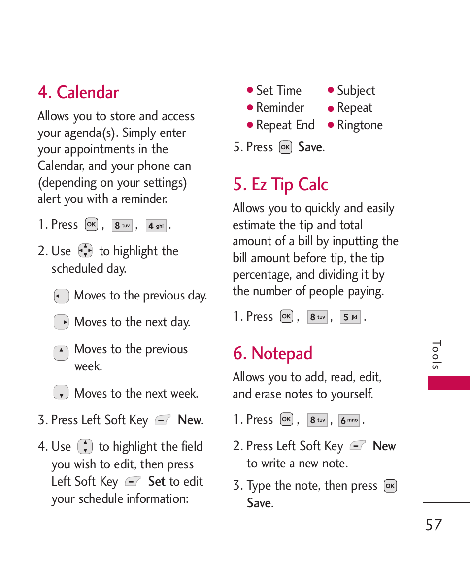 Calendar, Ez tip calc, Notepad | LG -UX220 User Manual | Page 59 / 112