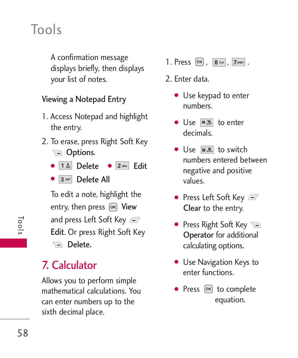 Calculator, Tools | LG -UX220 User Manual | Page 60 / 112