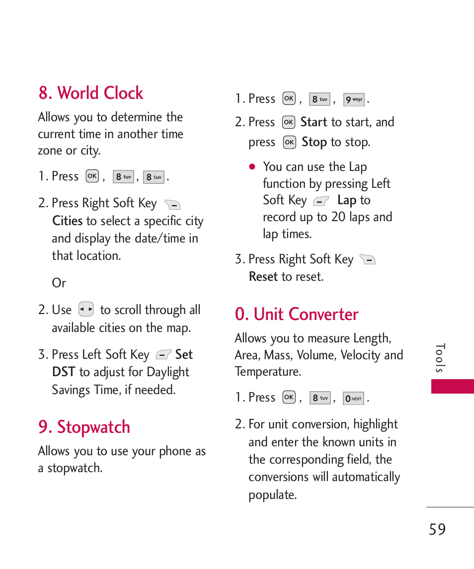 World clock, Stopwatch, Unit converter | LG -UX220 User Manual | Page 61 / 112