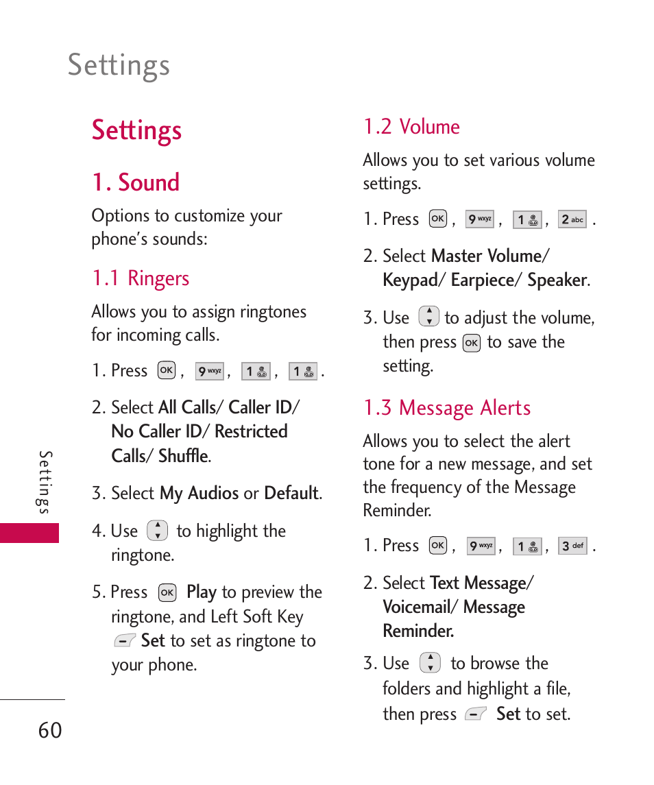 Settings, Sound, 1 ringers | 2 volume, 3 message alerts | LG -UX220 User Manual | Page 62 / 112