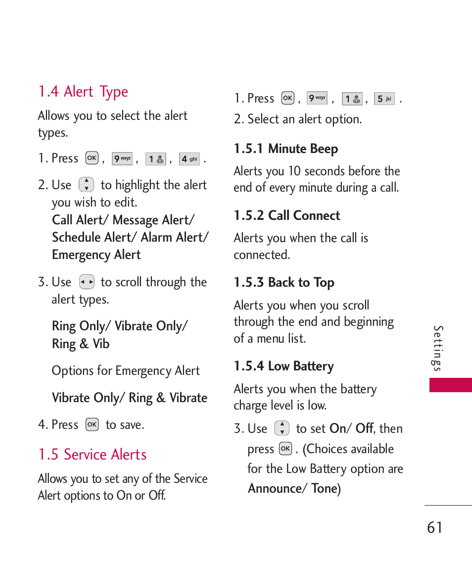 4 alert type, 5 service alerts | LG -UX220 User Manual | Page 63 / 112