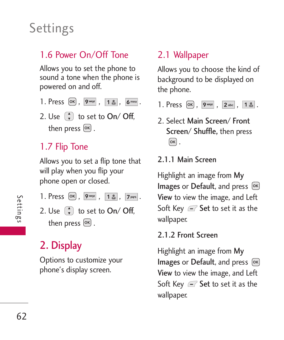 6 power on/off tone, 7 flip tone, Display | 1 wallpaper, Settings | LG -UX220 User Manual | Page 64 / 112