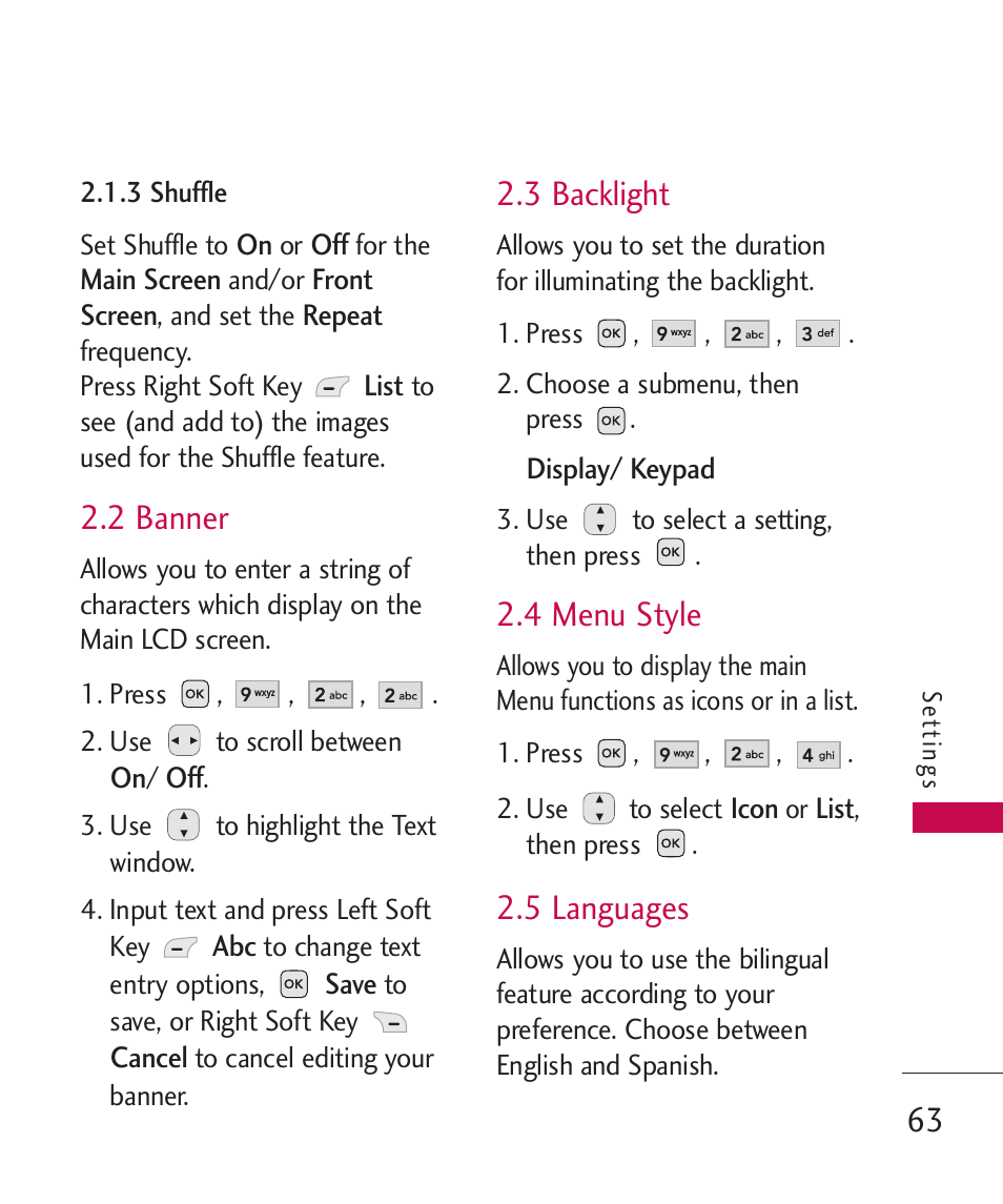 2 banner, 3 backlight, 4 menu style | 5 languages | LG -UX220 User Manual | Page 65 / 112