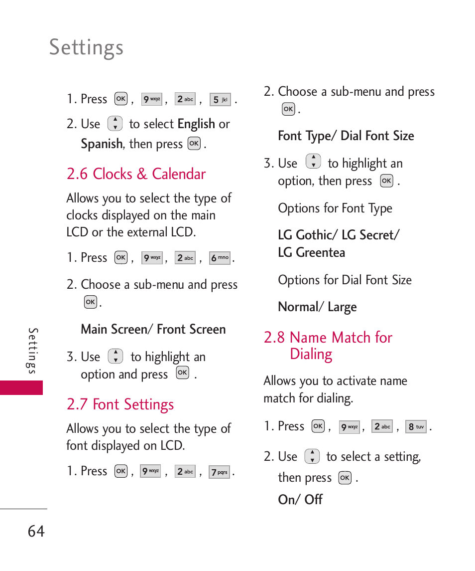 6 clocks & calendar, 7 font settings, 8 name match for dialing | Settings | LG -UX220 User Manual | Page 66 / 112