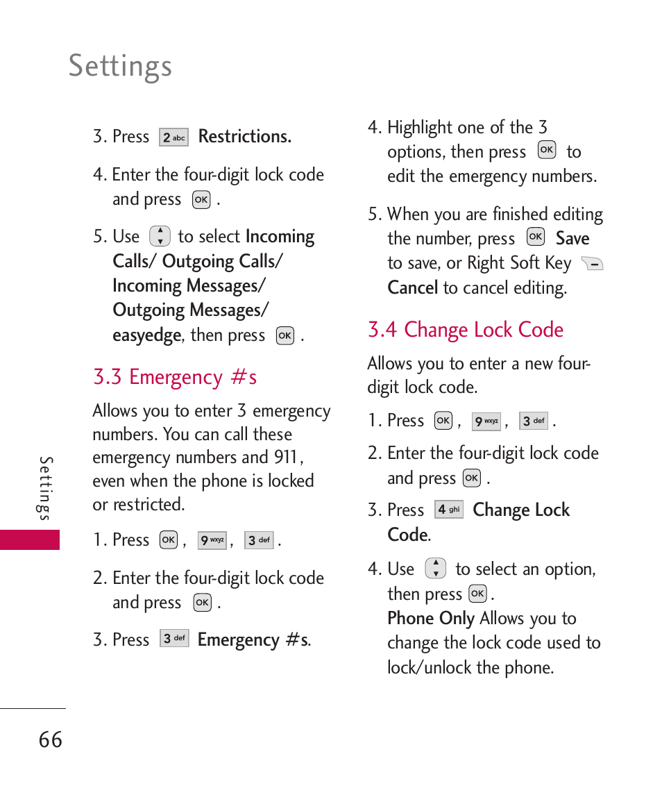 3 emergency #s, 4 change lock code, Settings | LG -UX220 User Manual | Page 68 / 112
