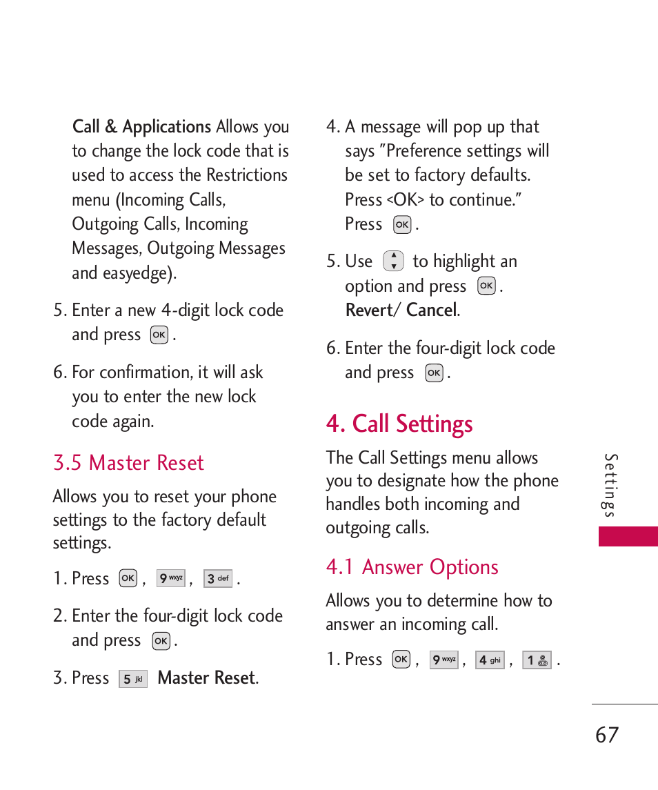 5 master reset, Call settings, 1 answer options | LG -UX220 User Manual | Page 69 / 112