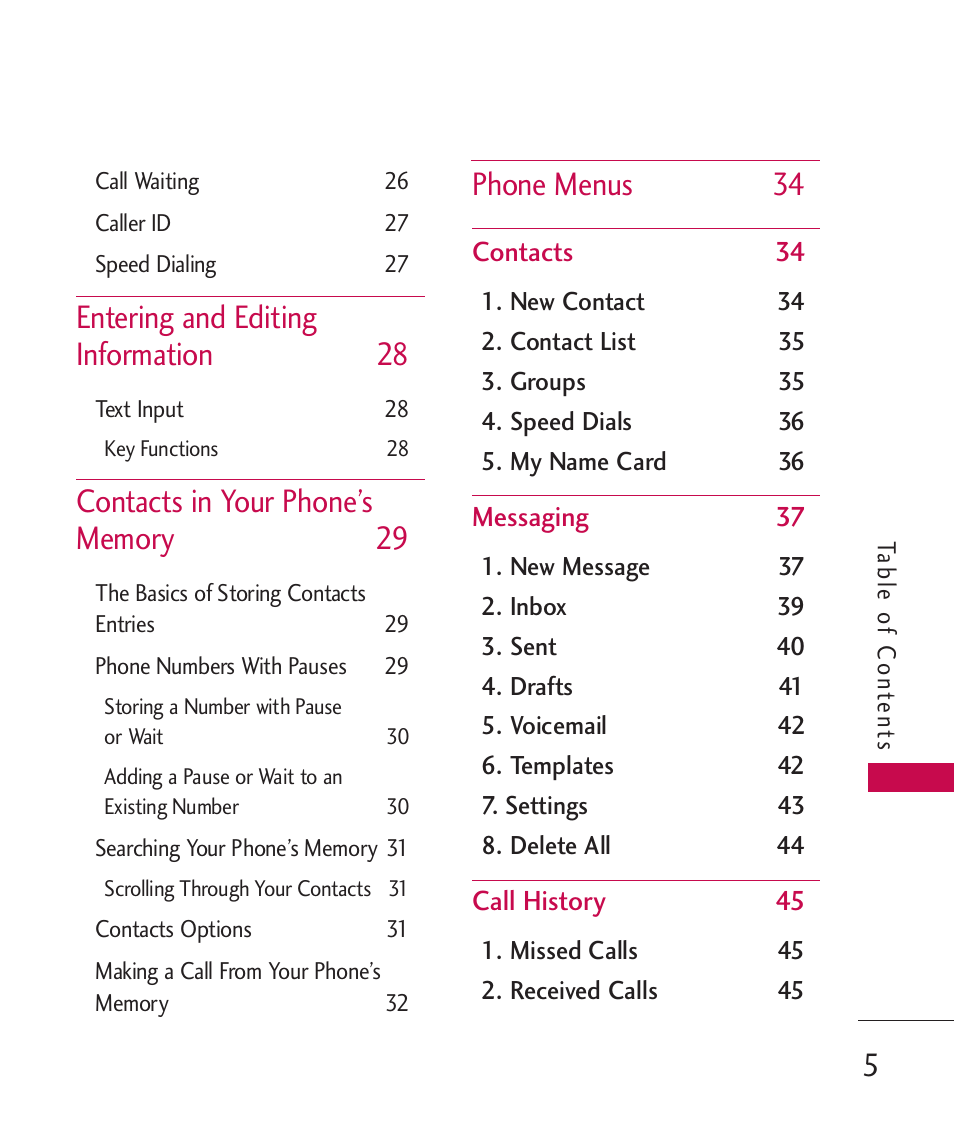 Entering and editing information 28, Phone menus 34 | LG -UX220 User Manual | Page 7 / 112