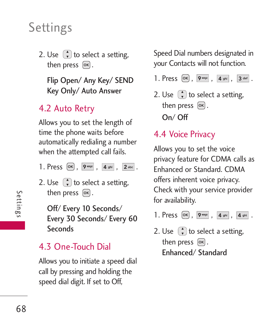 2 auto retry, 3 one-touch dial, 4 voice privacy | Settings | LG -UX220 User Manual | Page 70 / 112