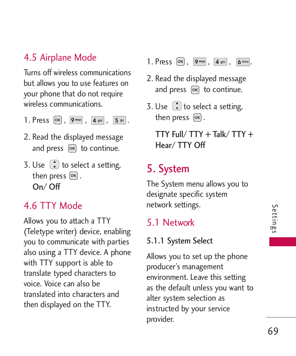 5 airplane mode, 6 tty mode, System | 1 network | LG -UX220 User Manual | Page 71 / 112