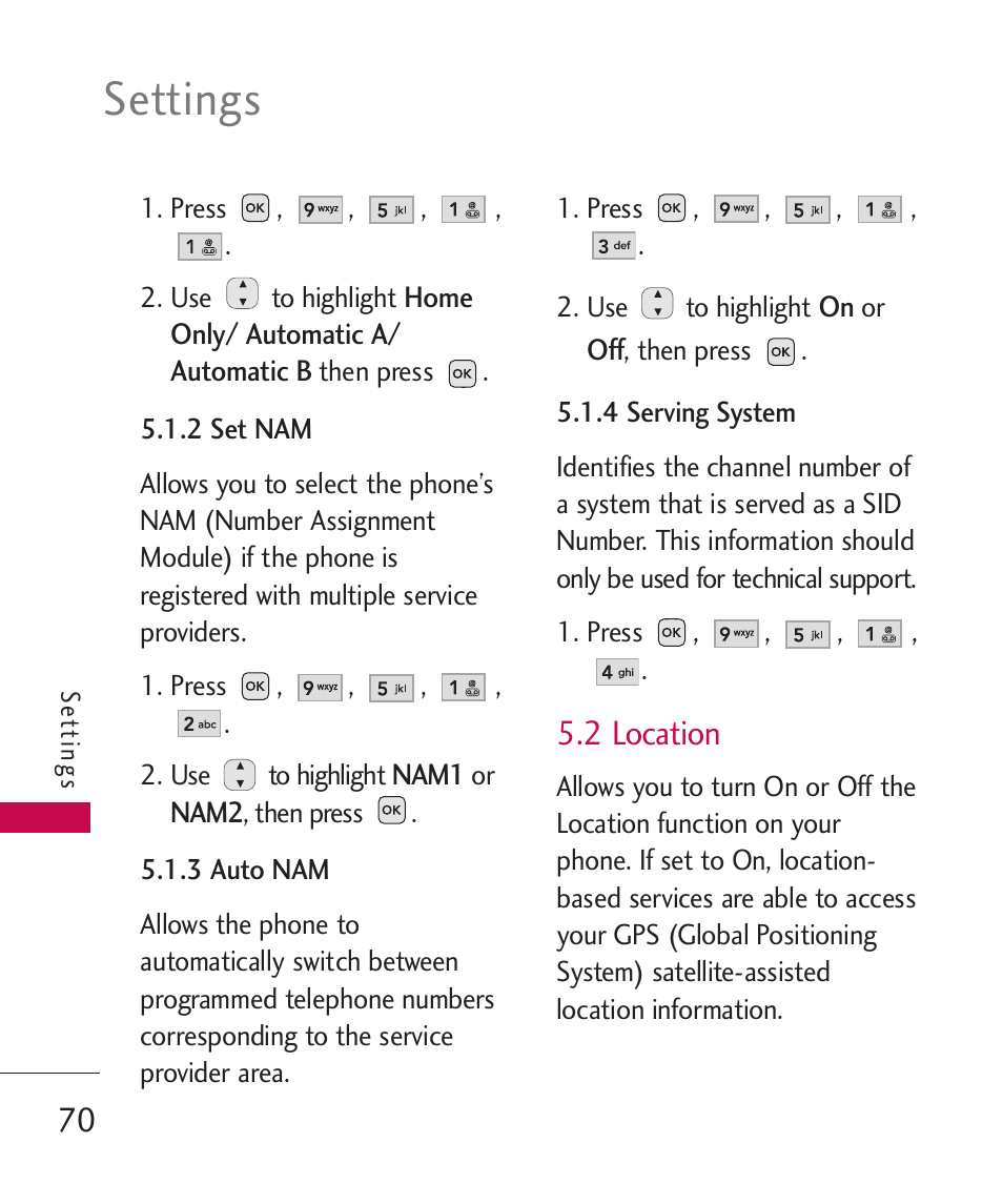 2 location, Settings | LG -UX220 User Manual | Page 72 / 112