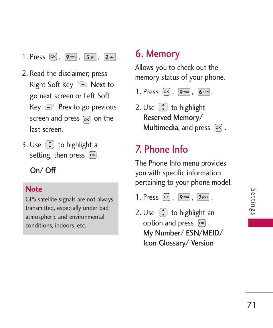 Memory, Phone info | LG -UX220 User Manual | Page 73 / 112