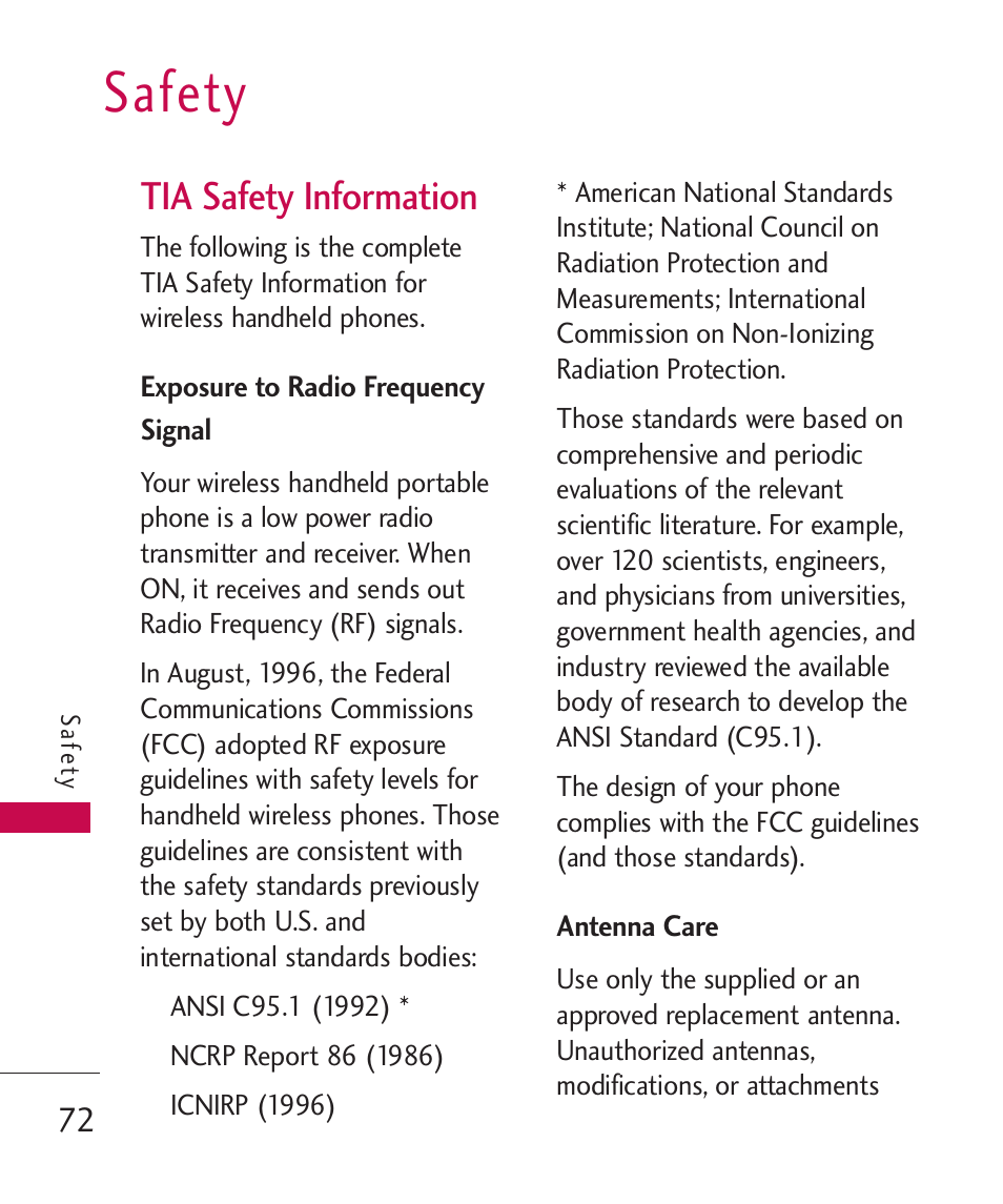 Safety, Tia safety information, Exposure to radio frequency | Antenna care, Exposure to radio frequency signal | LG -UX220 User Manual | Page 74 / 112