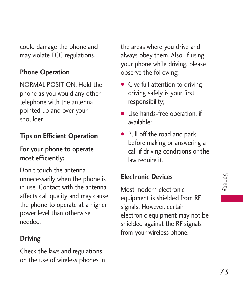 Phone operation, Tips on efficient operation, Driving | Electronic devices | LG -UX220 User Manual | Page 75 / 112