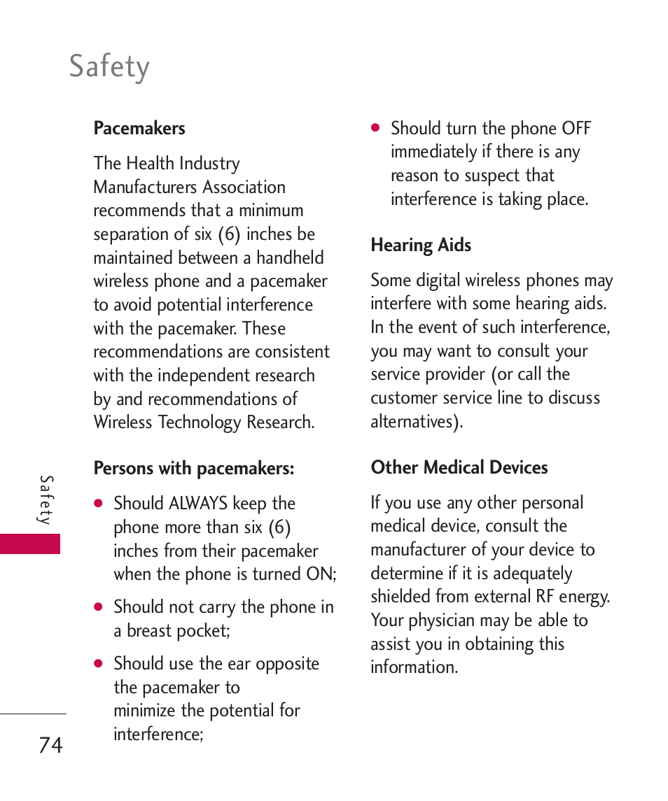 Pacemakers, Persons with pacemakers, Hearing aids | Other medical devices, Safety | LG -UX220 User Manual | Page 76 / 112