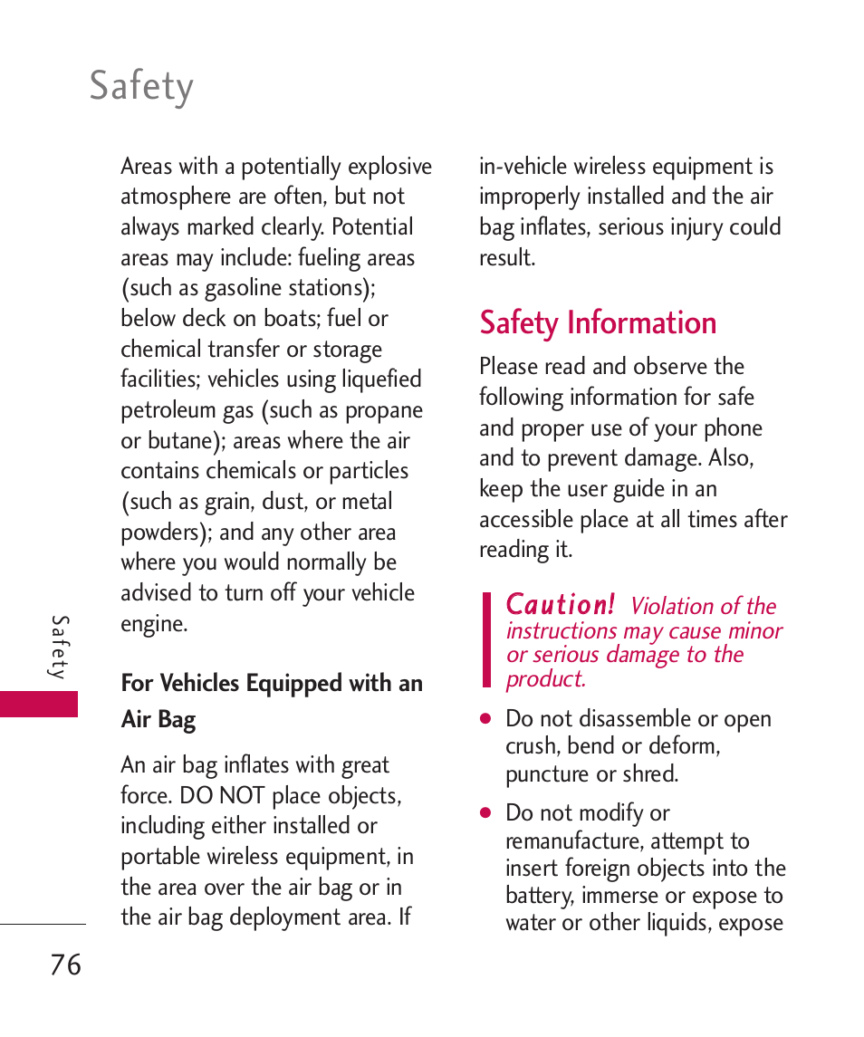 For vehicles equipped with a, Safety information, For vehicles equipped with an air bag | Safety | LG -UX220 User Manual | Page 78 / 112