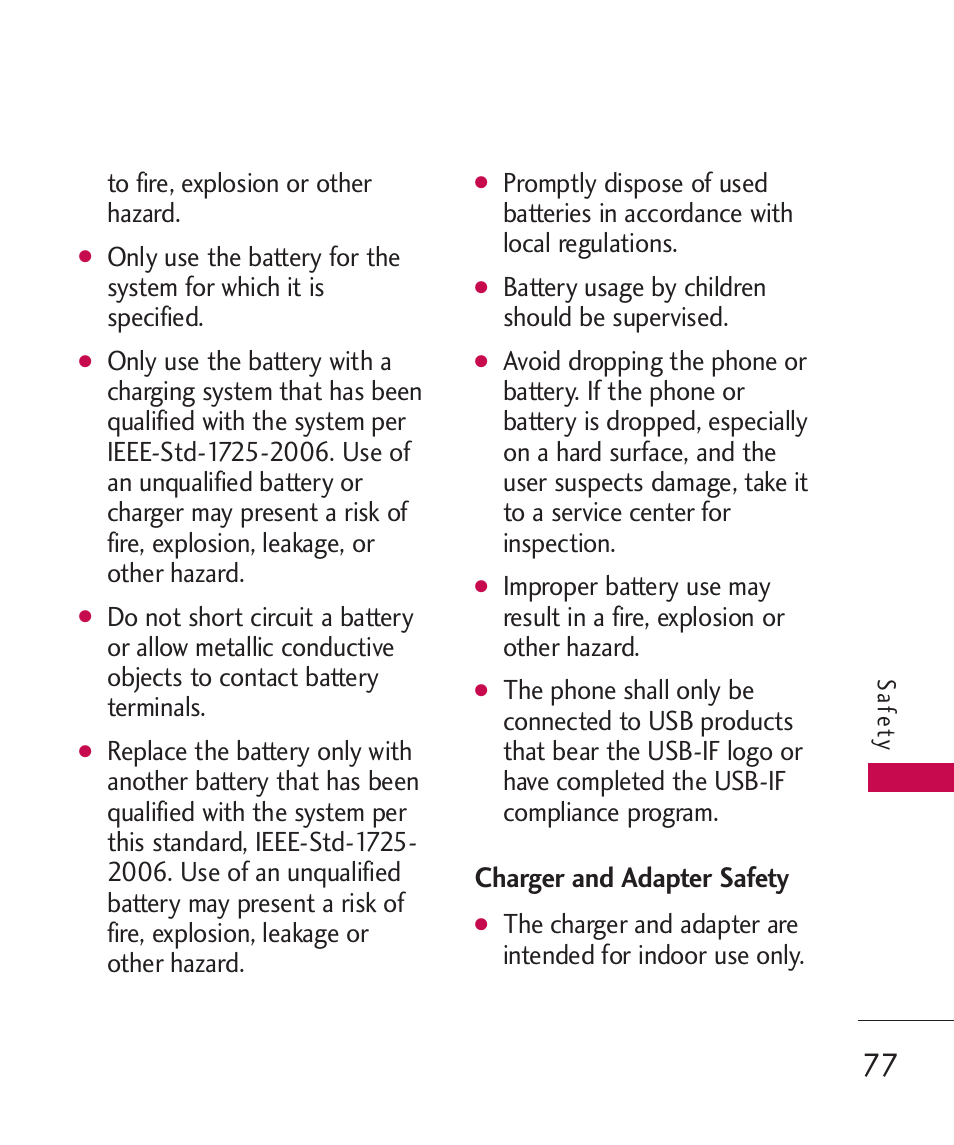 Charger and adapter safety, Battery usage by children should be supervised | LG -UX220 User Manual | Page 79 / 112