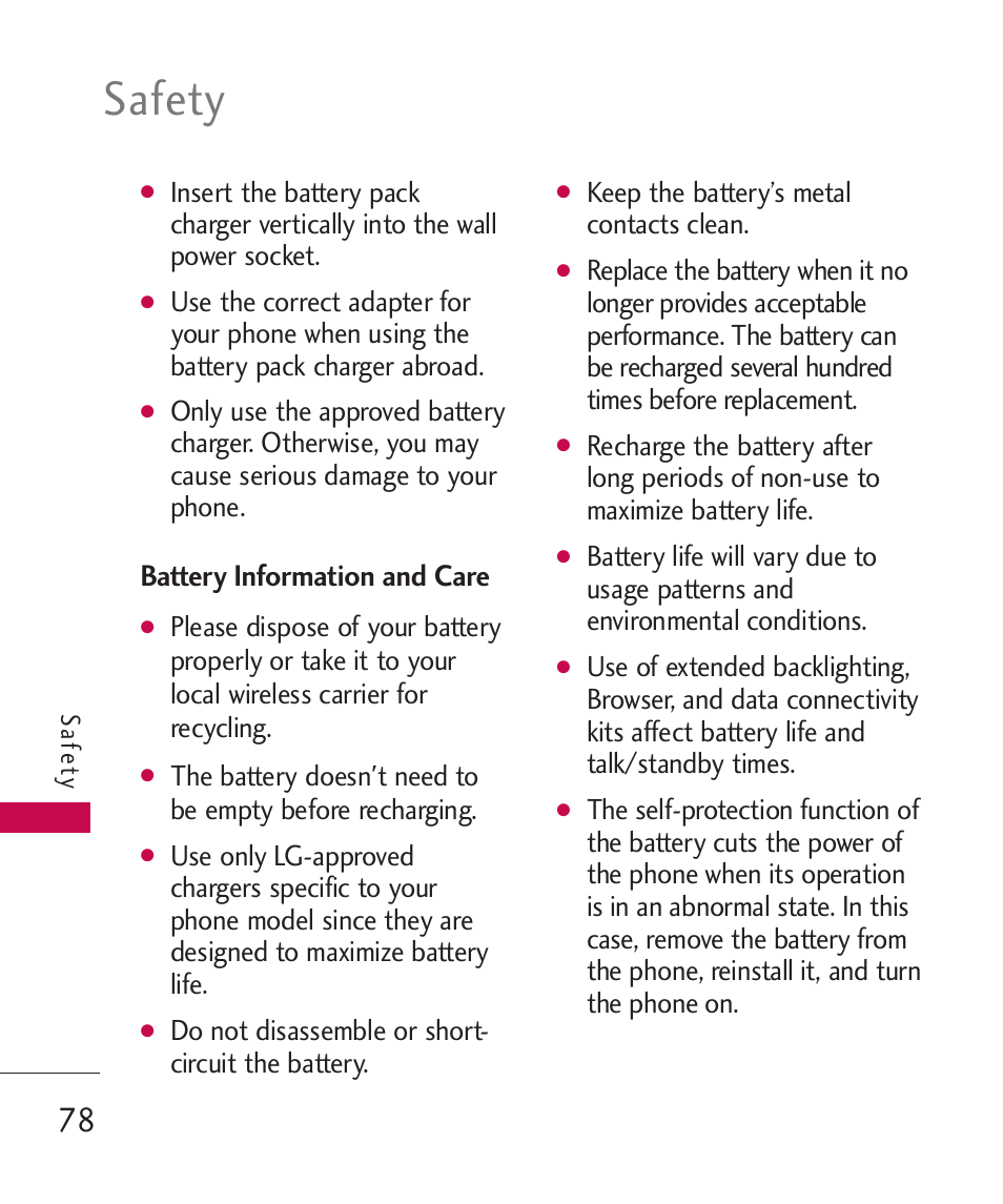 Battery information and care, Safety | LG -UX220 User Manual | Page 80 / 112