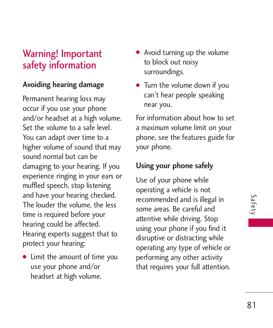 Warning! important safety in, Avoiding hearing damage, Using your phone safely | Warning! important safety information | LG -UX220 User Manual | Page 83 / 112