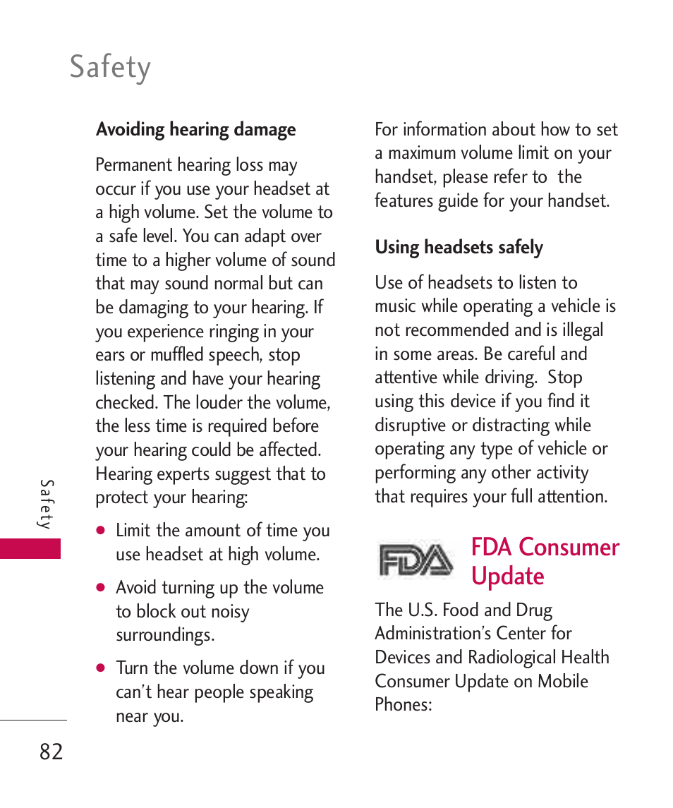 Avoiding hearing damage, Using headsets safely, Fda consumer update | Safety | LG -UX220 User Manual | Page 84 / 112