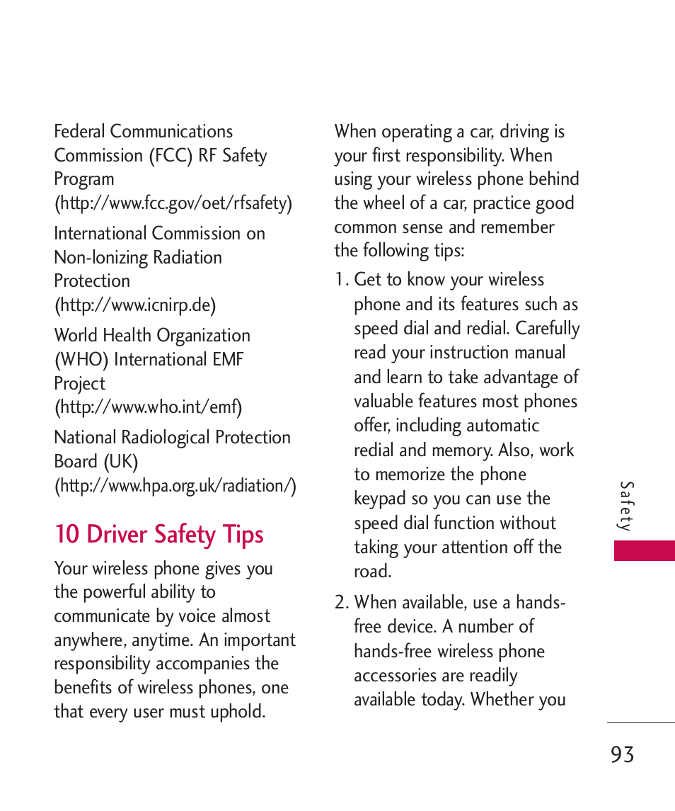 10 driver safety tips | LG -UX220 User Manual | Page 95 / 112